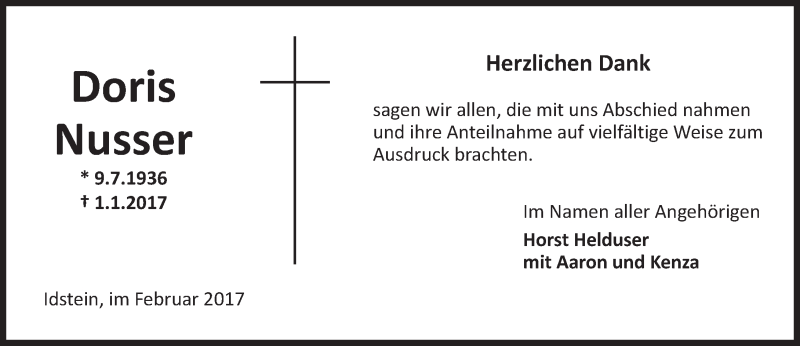  Traueranzeige für Doris Nusser vom 18.02.2017 aus Trauerportal Rhein Main Presse