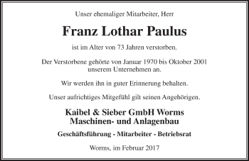 Traueranzeige von Franz Lothar Paulus von Trauerportal Rhein Main Presse