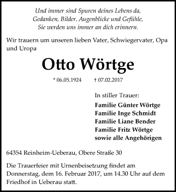 Traueranzeige von Otto Wörtge von Trauerportal Echo Online