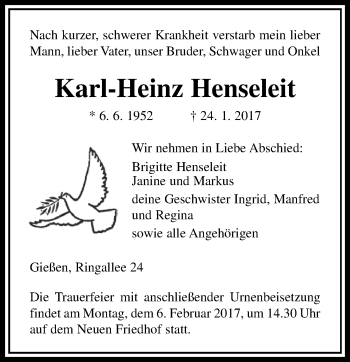 Traueranzeige von Karl-Heinz Henseleit von  Gießener Anzeiger