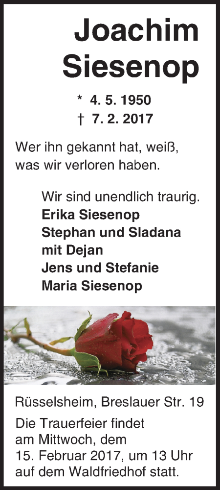  Traueranzeige für Joachim Siesenop vom 11.02.2017 aus Trauerportal Rhein Main Presse
