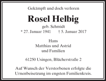 Traueranzeige von Rosel Helbig von  Usinger Anzeiger