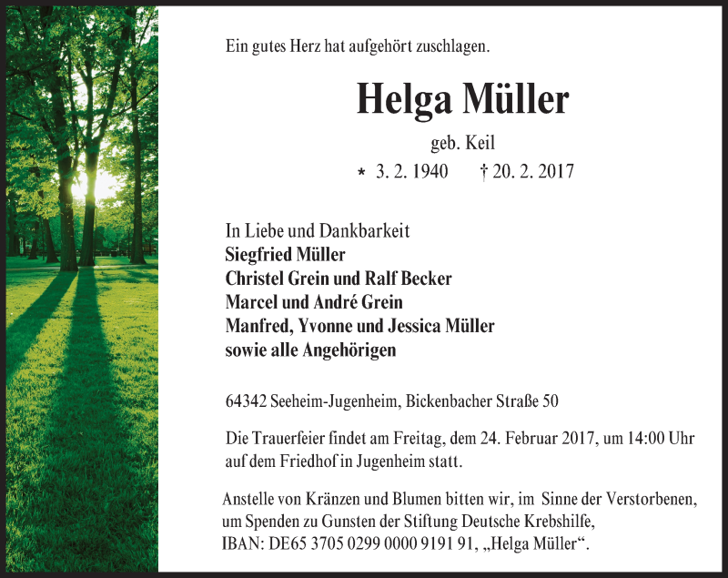  Traueranzeige für Helga Müller vom 22.02.2017 aus Trauerportal Echo Online
