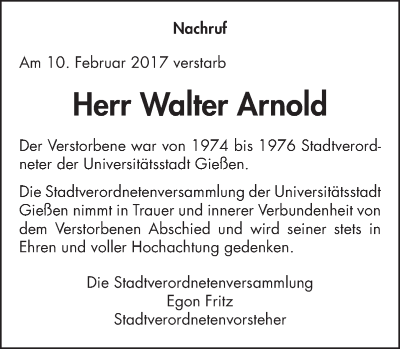  Traueranzeige für Walter Arnold vom 15.02.2017 aus  Gießener Anzeiger