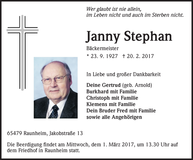  Traueranzeige für Janny Stephan vom 25.02.2017 aus Trauerportal Rhein Main Presse