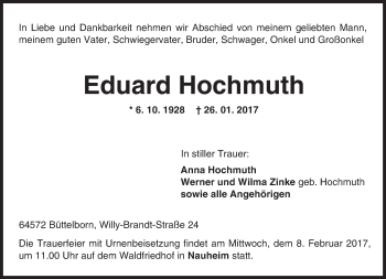 Traueranzeige von Eduard Hochmuth von Trauerportal Echo Online