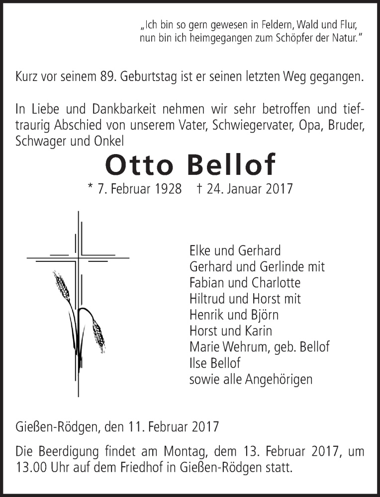  Traueranzeige für Otto Bellof vom 11.02.2017 aus  Gießener Anzeiger
