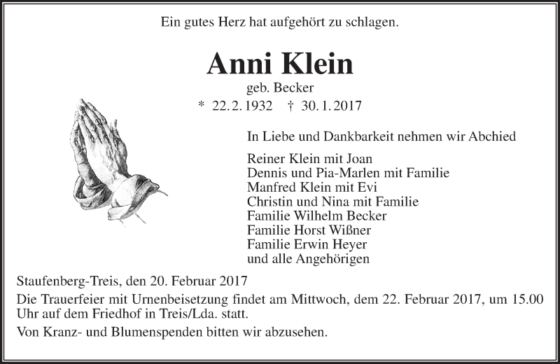  Traueranzeige für Anni Klein vom 20.02.2017 aus  Gießener Anzeiger