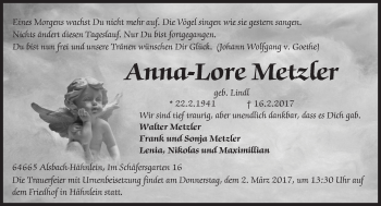 Traueranzeige von Anna-Lore Metzier von Trauerportal Echo Online