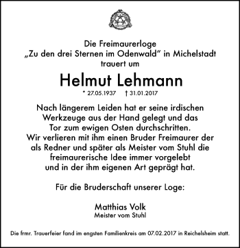 Traueranzeige von Helmut Lehmann von Trauerportal Echo Online