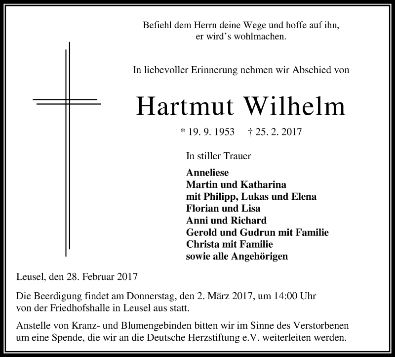  Traueranzeige für Hartmut Wilhelm vom 28.02.2017 aus VRM Trauer