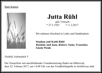 Traueranzeige von Jutta Rühl von VRM Trauer