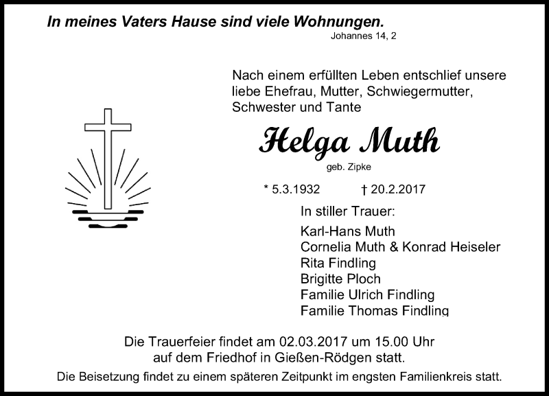  Traueranzeige für Helga Muth vom 25.02.2017 aus  Gießener Anzeiger