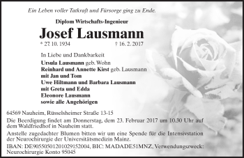 Traueranzeige von Josef Lausmann von Trauerportal Rhein Main Presse
