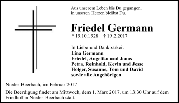 Traueranzeige von Friedel Germann von Trauerportal Echo Online