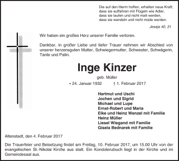Traueranzeige von Inge Kinzer von  Kreisanzeiger