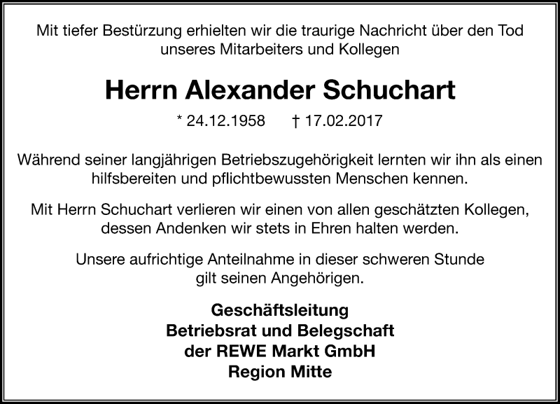  Traueranzeige für Alexander Schuchart vom 22.02.2017 aus  Kreisanzeiger