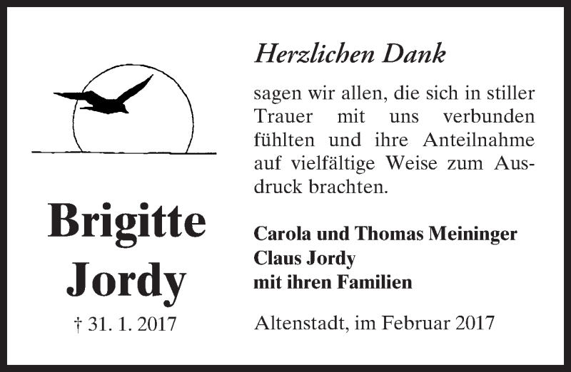 Traueranzeige für Brigitte Jordy vom 25.02.2017 aus  Kreisanzeiger