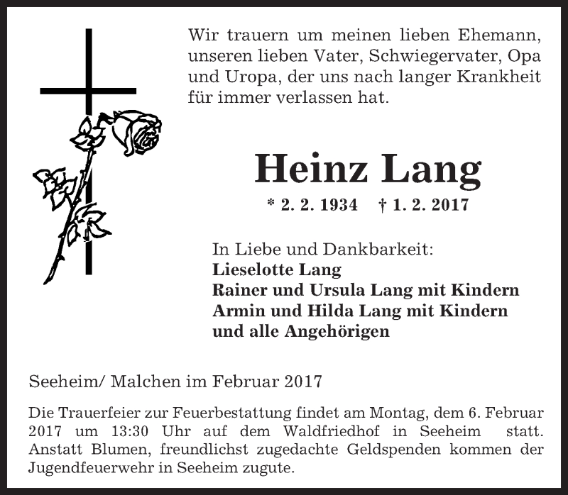  Traueranzeige für Heinz Lang vom 04.02.2017 aus Trauerportal Echo Online