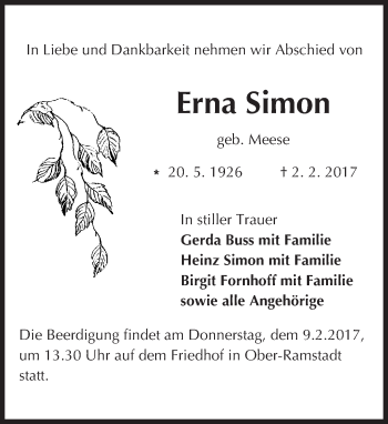 Traueranzeige von Erna Simon von Trauerportal Echo Online