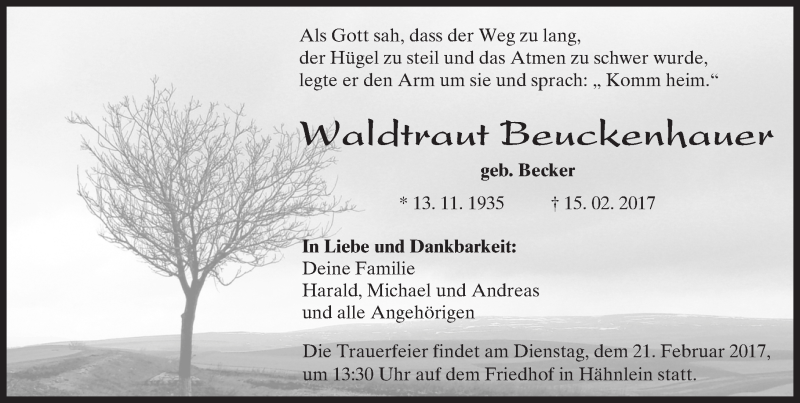  Traueranzeige für Waldtraut Beuckenhauer vom 18.02.2017 aus Trauerportal Echo Online