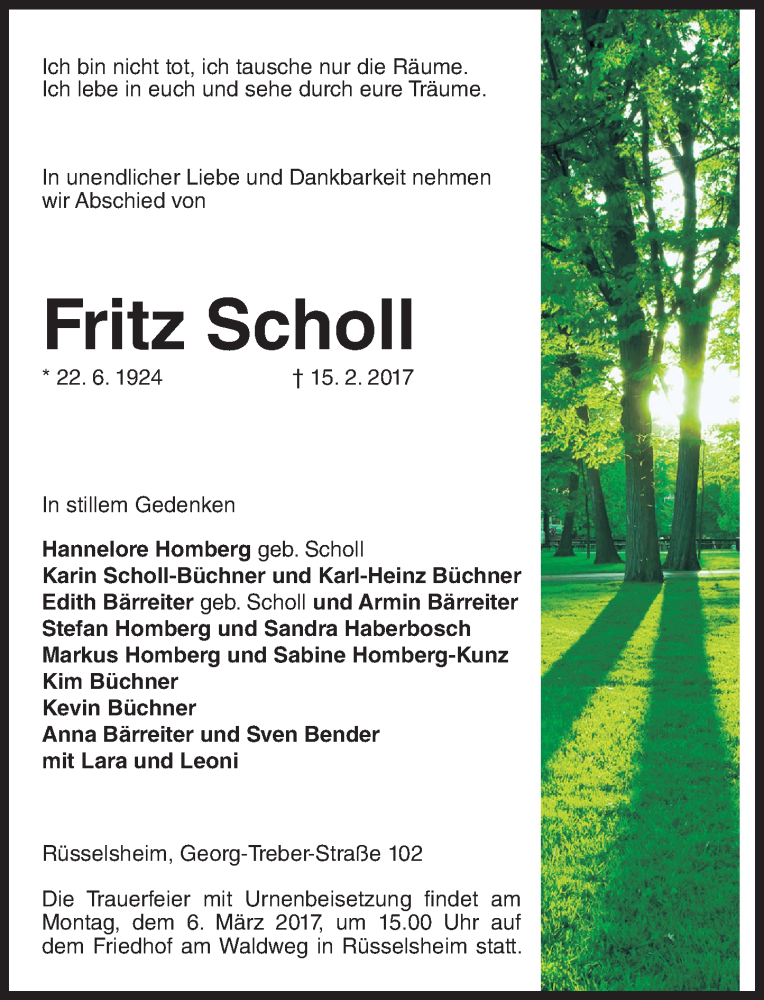  Traueranzeige für Fritz Scholl vom 25.02.2017 aus Trauerportal Rhein Main Presse