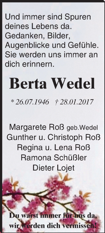 Traueranzeige von Berta Wedel von Trauerportal Rhein Main Presse