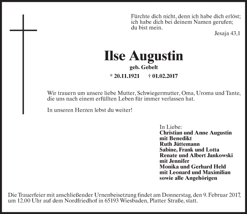  Traueranzeige für Ilse Augustin vom 04.02.2017 aus Trauerportal Rhein Main Presse