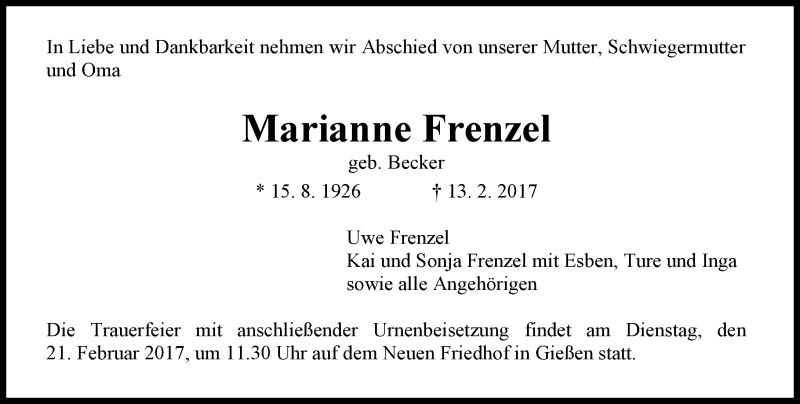  Traueranzeige für Marianne Frenzel vom 18.02.2017 aus  Gießener Anzeiger