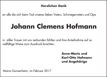 Traueranzeige von Johann Clemens Hofmann von Trauerportal Rhein Main Presse