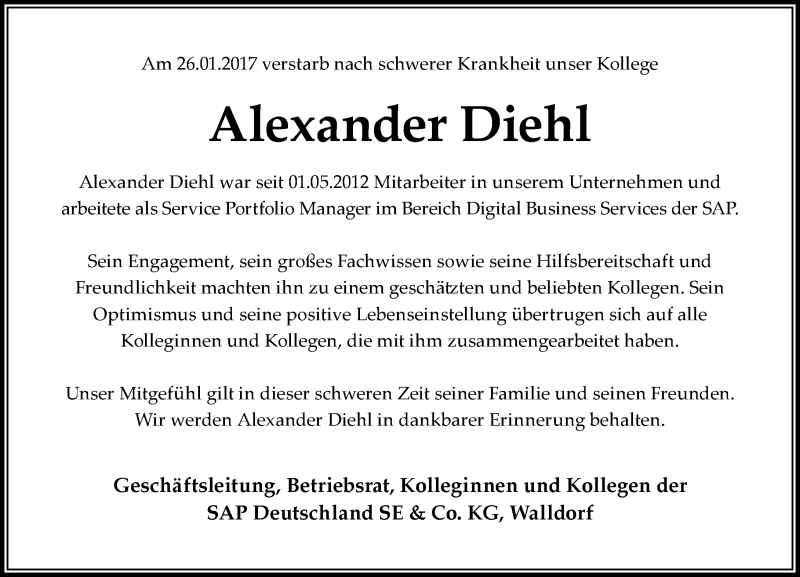  Traueranzeige für Alexander Diehl vom 18.02.2017 aus Trauerportal Echo Online
