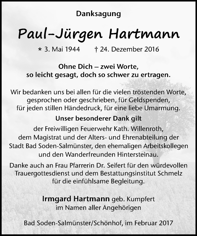  Traueranzeige für Paul-Jürgen Hartmann vom 11.02.2017 aus  Gelnhäuser Tageblatt