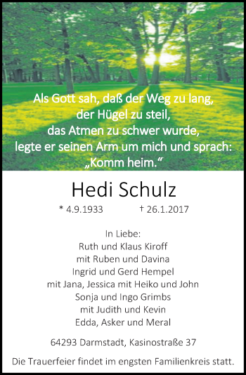 Traueranzeige von Heidi Schulz von Trauerportal Echo Online