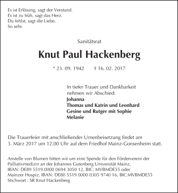 Traueranzeige von Knut Paul Hackenberg von Trauerportal Rhein Main Presse