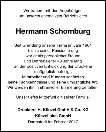 Traueranzeige von Hermann Schomburg von Trauerportal Echo Online