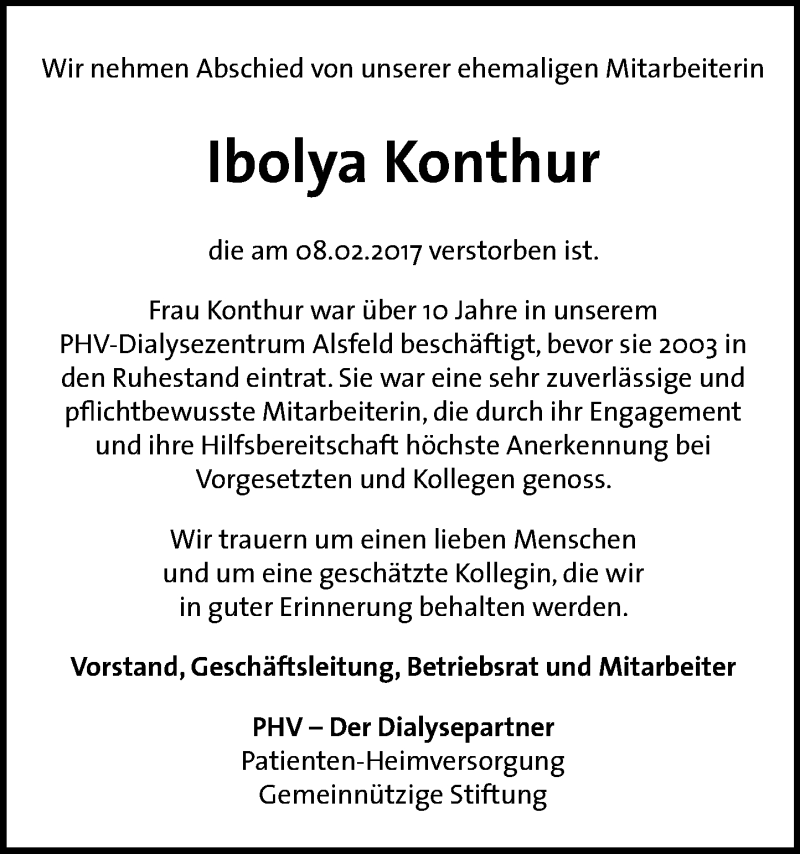  Traueranzeige für Ibolya Konthur vom 25.02.2017 aus VRM Trauer