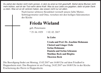 Traueranzeige von Frieda Wieland von Trauerportal Echo Online