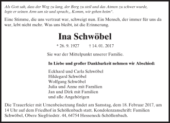 Traueranzeige von Ina Schwöbel von Trauerportal Echo Online
