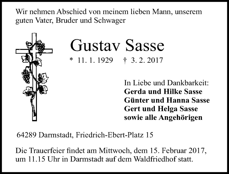  Traueranzeige für Gustav Sasse vom 11.02.2017 aus Trauerportal Echo Online