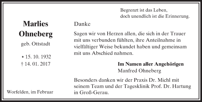  Traueranzeige für Marlies Ohneberg vom 17.02.2017 aus Trauerportal Echo Online