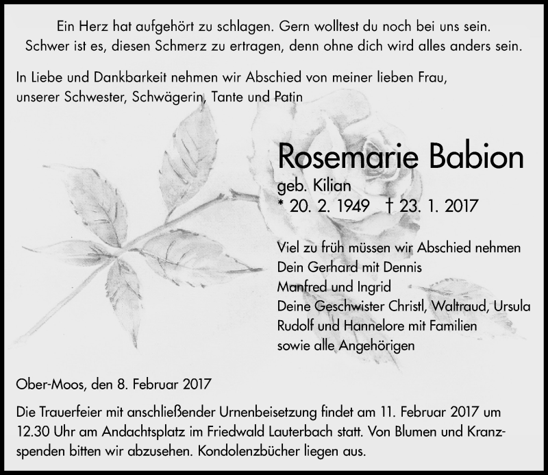  Traueranzeige für Rosemarie Babion vom 08.02.2017 aus VRM Trauer