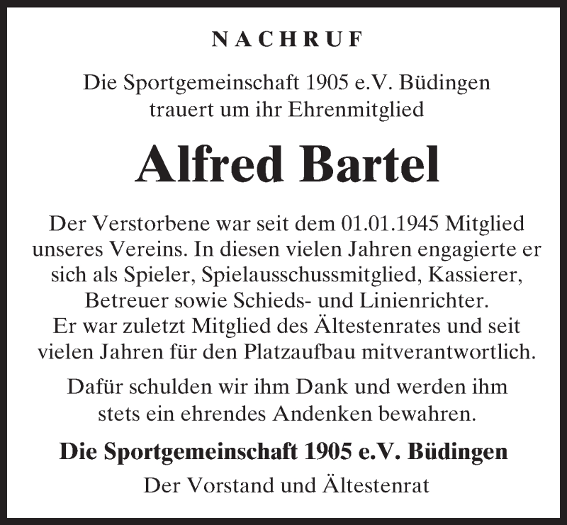  Traueranzeige für Alfred Bartel vom 14.02.2017 aus  Kreisanzeiger