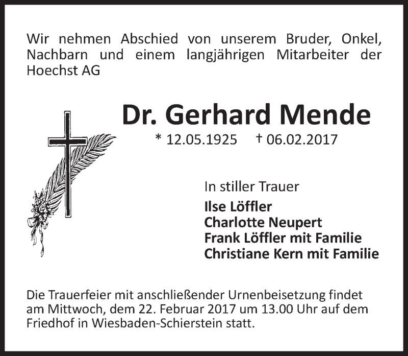  Traueranzeige für Gerhard Mende vom 18.02.2017 aus Trauerportal Rhein Main Presse