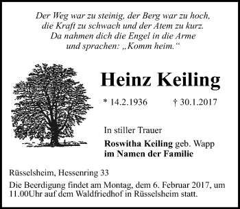 Traueranzeige von Heinz Keiling von Trauerportal Rhein Main Presse