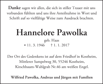 Traueranzeige von Hannelore Pawolka von Trauerportal Rhein Main Presse