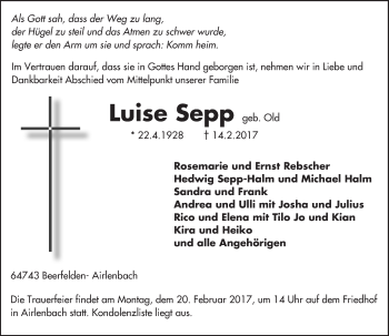 Traueranzeige von Luise Sepp von Trauerportal Echo Online