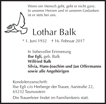 Traueranzeige von Lothar Balk von Trauerportal Rhein Main Presse