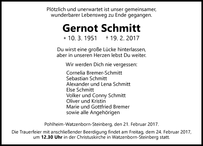  Traueranzeige für Gernot Schmitt vom 21.02.2017 aus  Gießener Anzeiger