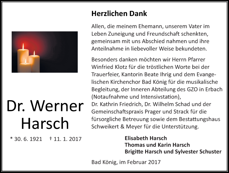  Traueranzeige für Werner Harsch vom 18.02.2017 aus Trauerportal Echo Online