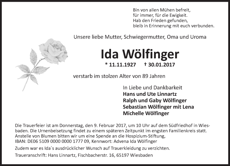  Traueranzeige für Ida Wölfinger vom 04.02.2017 aus Trauerportal Rhein Main Presse